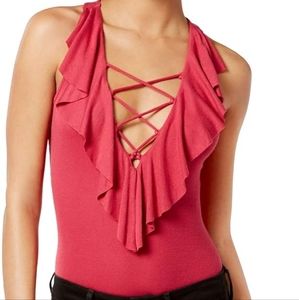GUESS plunge v-neck neckline crisscross draped ruffle red bodysuit top jumpsuit